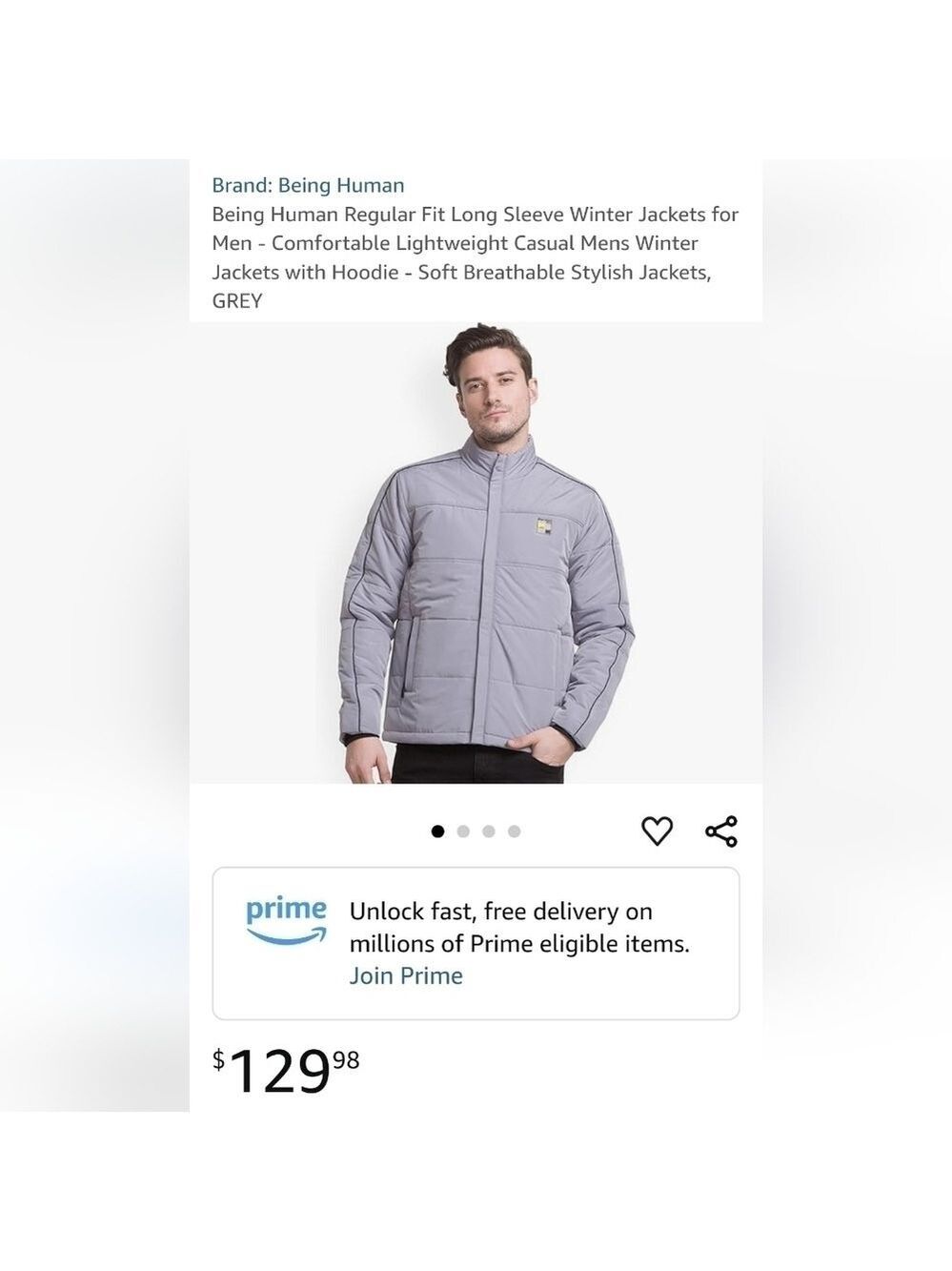 NWT Being Human Men's Gray Puffer Jacket, Size 2XL, Small Fit, Check Size Chart